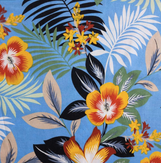 Viscose imprimée bleu fleurs tropicales